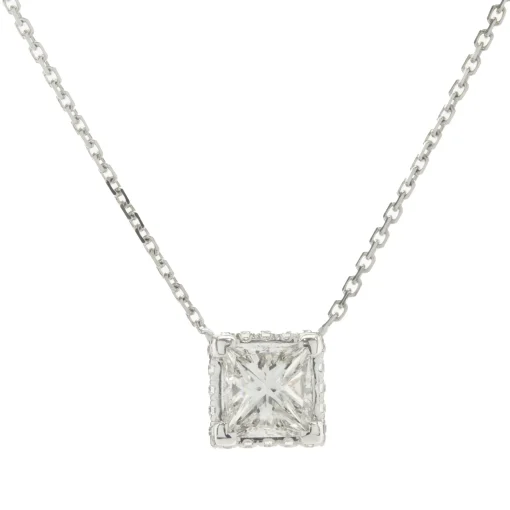 14 Karat White Gold Princess Cut Diamond Halo Necklace