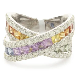 14 Karat White Gold Rainbow Sapphire and Diamond Crossover Ring