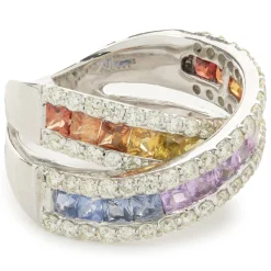 14 Karat White Gold Rainbow Sapphire and Diamond Crossover Ring