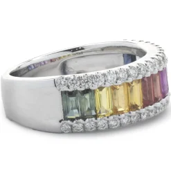 14 Karat White Gold Rainbow Sapphire and Diamond Ring
