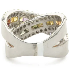 14 Karat White Gold Rainbow Sapphire and Diamond Crossover Ring