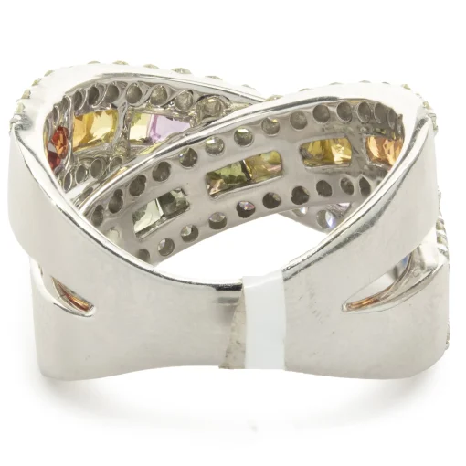 14 Karat White Gold Rainbow Sapphire and Diamond Crossover Ring