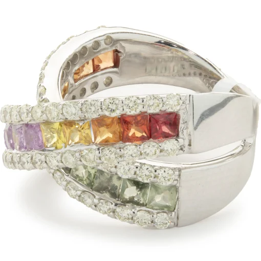 14 Karat White Gold Rainbow Sapphire and Diamond Crossover Ring