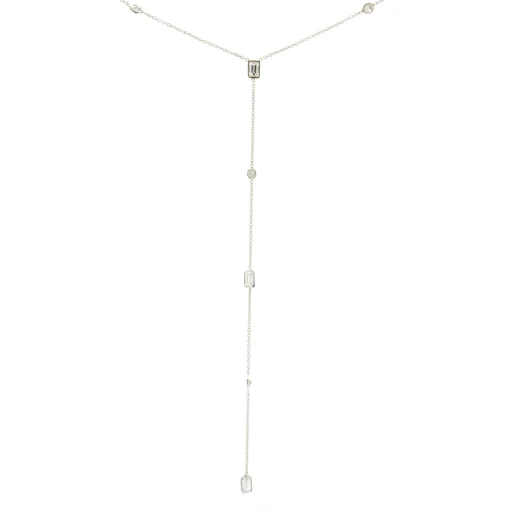 18 Karat White Gold Round and Emerald Cut Diamond Lariat Necklace