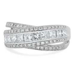 14 Karat White Gold Round and Princess Cut Diamond Crossover Ring