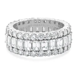 14 Karat White Gold Round and Emerald Cut Three Row Diamond Cigar Band