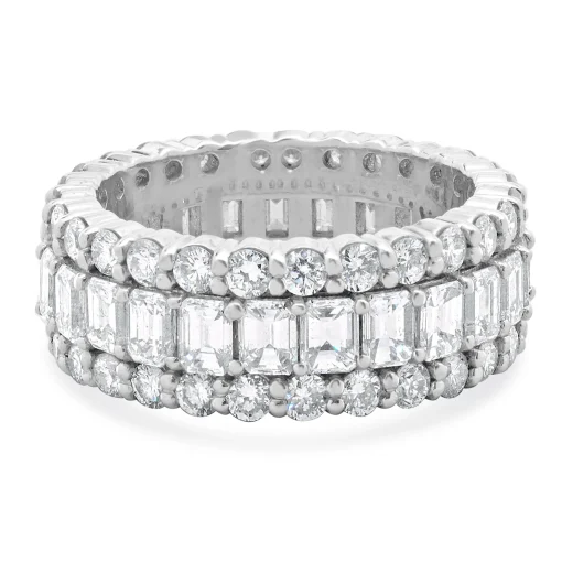 14 Karat White Gold Round and Emerald Cut Three Row Diamond Cigar Band