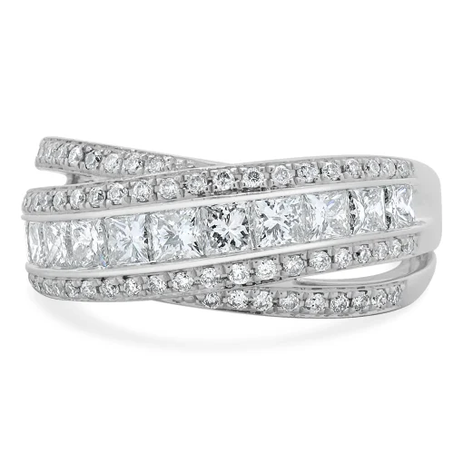14 Karat White Gold Round and Princess Cut Diamond Crossover Ring