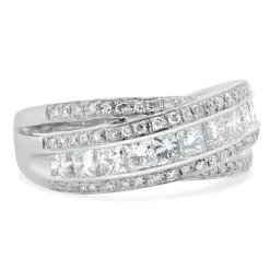 14 Karat White Gold Round and Princess Cut Diamond Crossover Ring