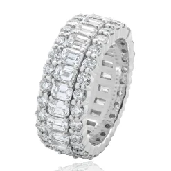 14 Karat White Gold Round and Emerald Cut Three Row Diamond Cigar Band