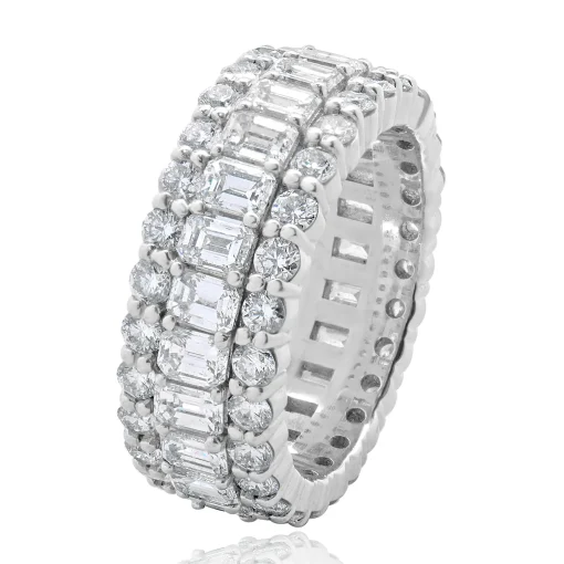 14 Karat White Gold Round and Emerald Cut Three Row Diamond Cigar Band