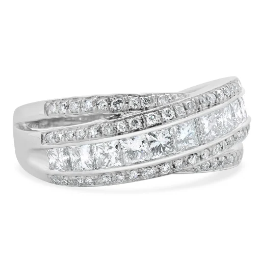 14 Karat White Gold Round and Princess Cut Diamond Crossover Ring