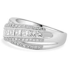 14 Karat White Gold Round and Princess Cut Diamond Crossover Ring