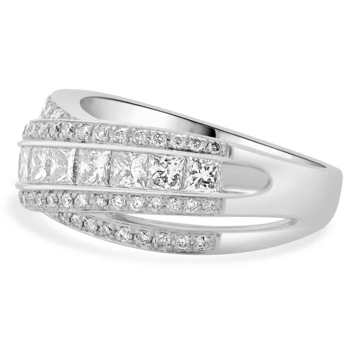14 Karat White Gold Round and Princess Cut Diamond Crossover Ring