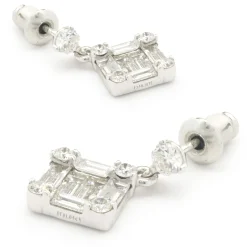14 Karat White Gold Round and Baguette Cut Diamond Mosaic Set Drop Earrings