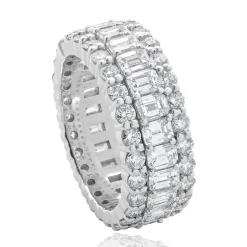 14 Karat White Gold Round and Emerald Cut Three Row Diamond Cigar Band