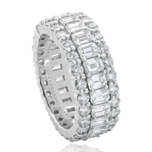 14 Karat White Gold Round and Emerald Cut Three Row Diamond Cigar Band