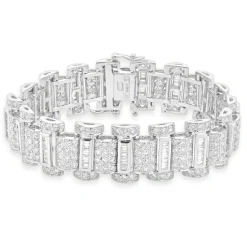 18 Karat White Gold Round Brilliant & Baguette Cut Diamond Link Bracelet