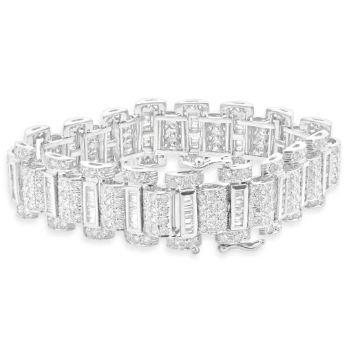 18 Karat White Gold Round Brilliant & Baguette Cut Diamond Link Bracelet