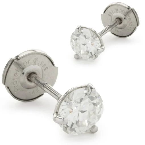 14 Karat White Gold Round European Cut Diamond Stud Earrings