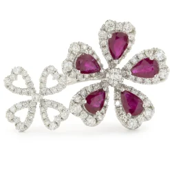 14 Karat White Gold Ruby and Diamond Double Flower Ring