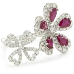 14 Karat White Gold Ruby and Diamond Double Flower Ring