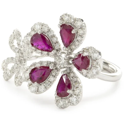 14 Karat White Gold Ruby and Diamond Double Flower Ring