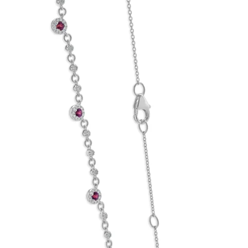 14 Karat White Gold Ruby and Diamond Halo Station Necklace