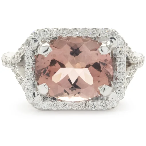 14 Karat White Gold Salmon Tourmaline and Diamond Ring