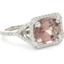 14 Karat White Gold Salmon Tourmaline and Diamond Ring