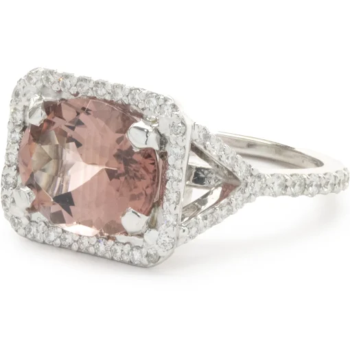 14 Karat White Gold Salmon Tourmaline and Diamond Ring