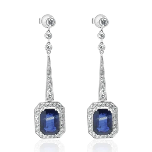18 Karat White Gold Sapphire and Diamond Halo Drop Earrings