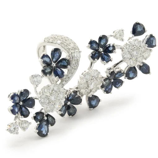 18 Karat White Gold Sapphire and Diamond Floral Long Finger Ring