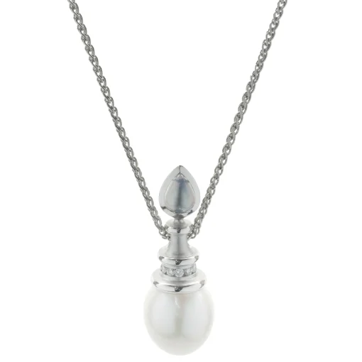 18 Karat White Gold South Sea Pearl, Diamond and Moonstone Drop Necklace