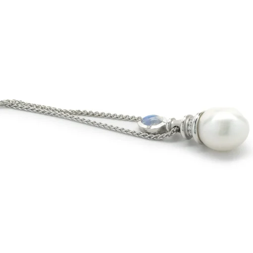 18 Karat White Gold South Sea Pearl, Diamond and Moonstone Drop Necklace