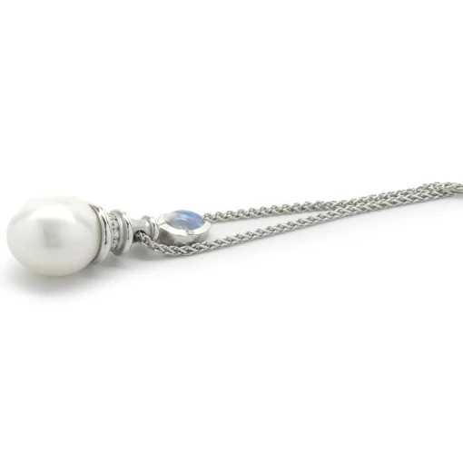 18 Karat White Gold South Sea Pearl, Diamond and Moonstone Drop Necklace