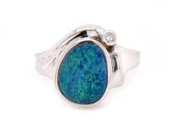 14 Karat White Gold Vintage Black Opal and Diamond Ring