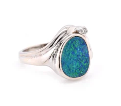 14 Karat White Gold Vintage Black Opal and Diamond Ring