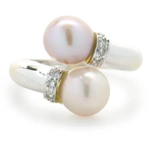 18 Karat White Gold White and Pink Pearl and Diamond Bypass Ring