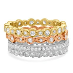 18 Karat White, Yellow, and Rose Gold Diamond Four Band Stack Set
