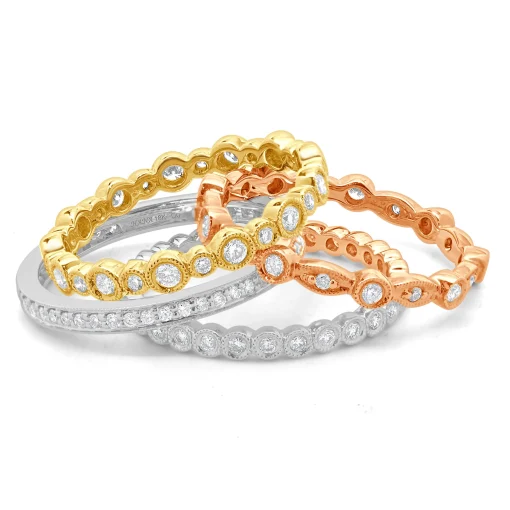 18 Karat White, Yellow, and Rose Gold Diamond Four Band Stack Set