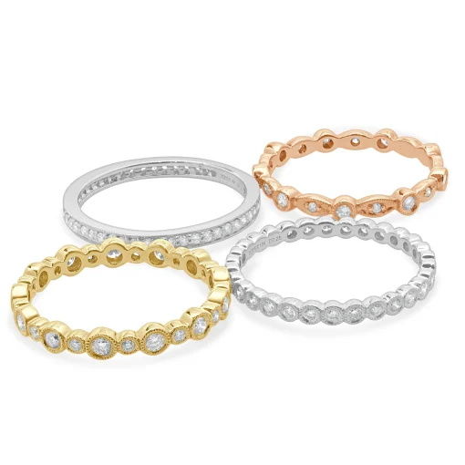 18 Karat White, Yellow, and Rose Gold Diamond Four Band Stack Set