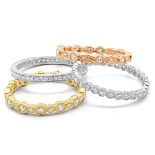 18 Karat White, Yellow, and Rose Gold Diamond Four Band Stack Set