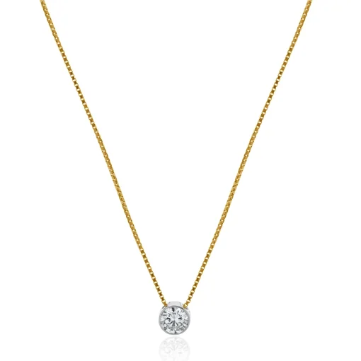 14 Karat Yellow & White Gold Bezel Set Diamond Solitaire Necklace