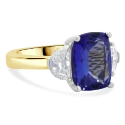 18 Karat Yellow & White Gold Tanzanite and Half-moon Cut Diamond Ring