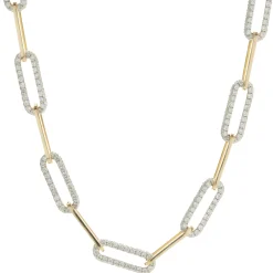 18 Karat Yellow and White Gold Pave Diamond Station Paperclip Link Necklace