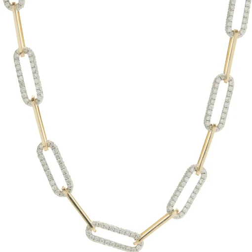 18 Karat Yellow and White Gold Pave Diamond Station Paperclip Link Necklace