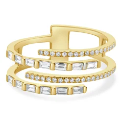 14 Karat Yellow Gold 4 Row Baguette and Round Diamond Ring