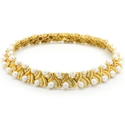 18 Karat Yellow Gold Akoya Pearl and Diamond Ornate Collar Necklace