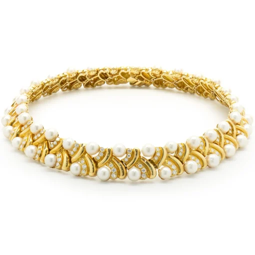 18 Karat Yellow Gold Akoya Pearl and Diamond Ornate Collar Necklace